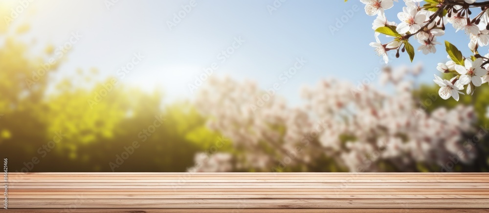 Wooden desk with a background of a sunny spring day and ample copy space image. Wooden desk with a background of a sunny spring day and ample copy space image.