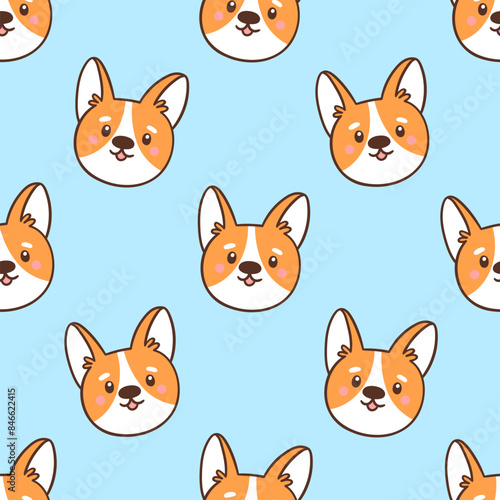 Seamless pattern with cute and funny welsh corgi dog faces. Endless repeatable backdrop with purebred puppy pet or domestic animal. Colorful vector illustration on blue background