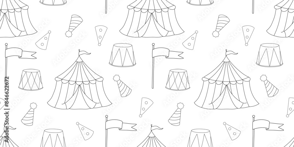 Fototapeta premium Seamless pattern with outline circus tent, flags and funny cap on white background. Hand drawn repeat backdrop for nursery, kids and baby.