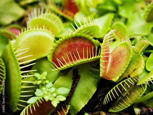 Closeup Venus flytrap ,Insectivorous plants ,Low Giant ,Dionaea muscipula ,needle-like-teeth ,venus fly catcher ,Cook's Carnivorous 