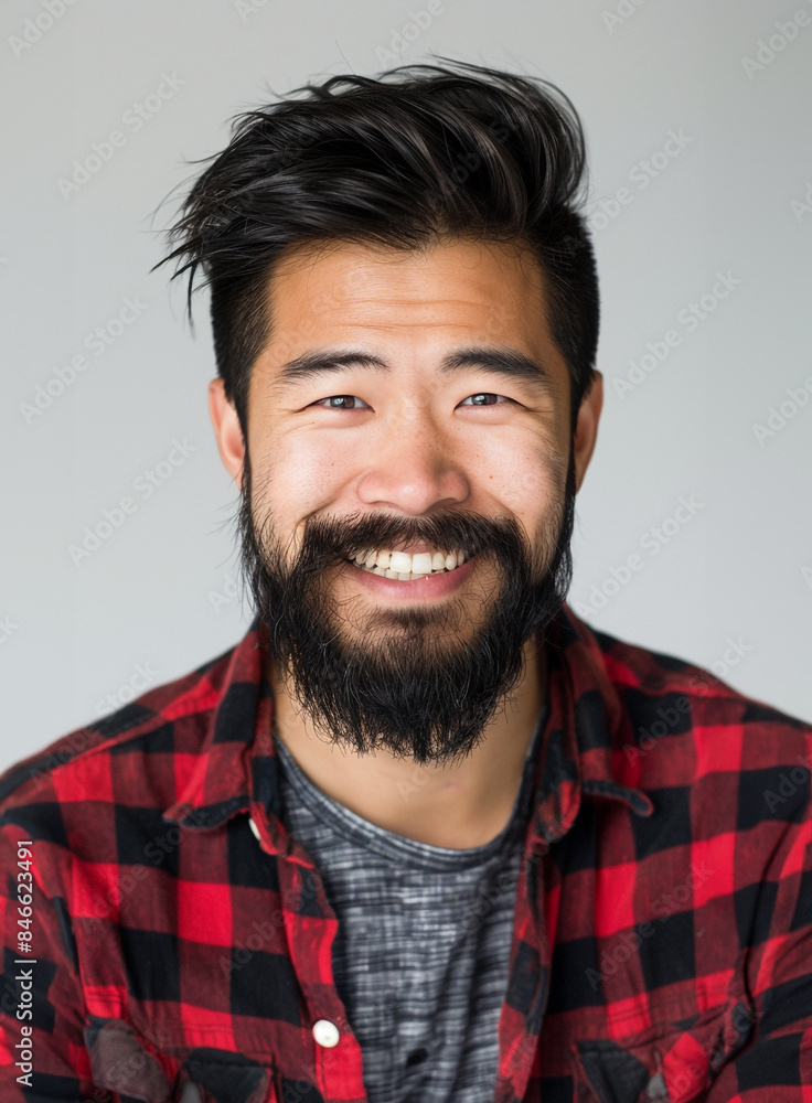 Obraz premium A headshot of a handsome young Asian American man with black hair mustache and beard wearing a flannel shirt, smiling at the camera against a studio background with a simple composition