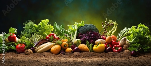 Fototapeta Naklejka Na Ścianę i Meble -  Fruits and vegetables cultivated organically in rich compost with copy space image.