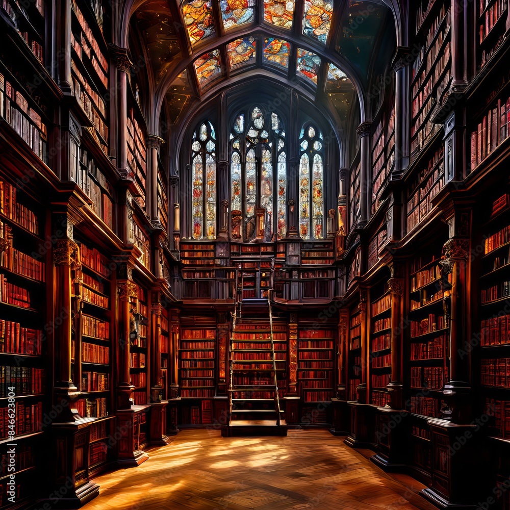 The image depicts a grand library with arched windows and stained glass, illuminating the wooden floor. Shelves overflow with books, enhancing the room’s majesty. No math or homework is seen. The image depicts a grand library with arched windows and stained glass, illuminating the wooden floor. Shelves overflow with books, enhancing the room’s majesty. No math or homework is seen.