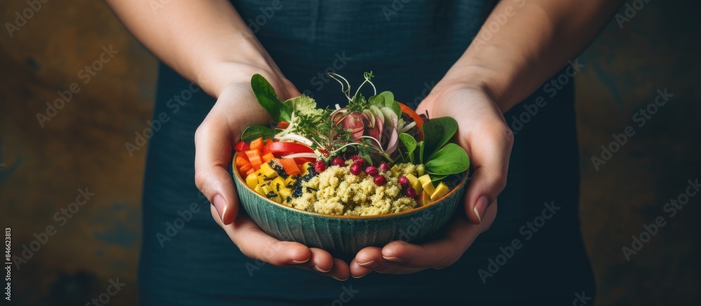 Female hands holding a nutritious quinoa salad bowl against a textured grunge backdrop, featuring space for additional imagery. Female hands holding a nutritious quinoa salad bowl against a textured grunge backdrop, featuring space for additional imagery.