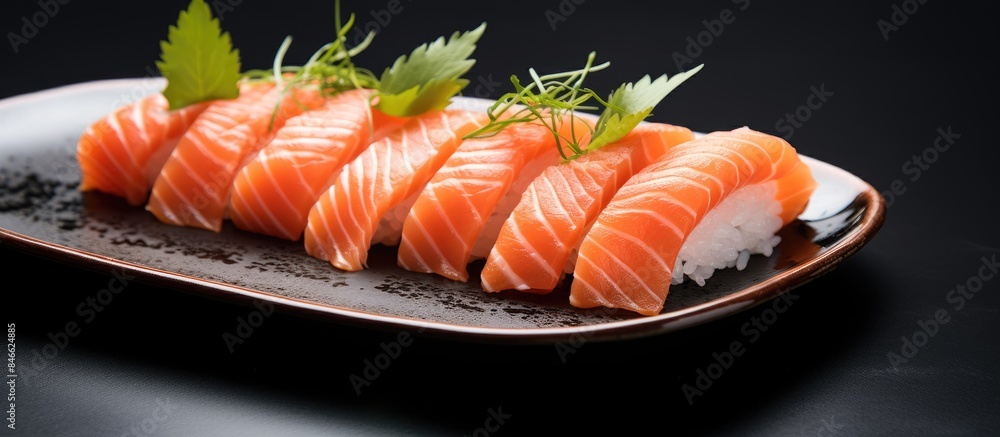 Isolated on a white background, a plate with mouthwatering nigiri sushi offers copy space image. Isolated on a white background, a plate with mouthwatering nigiri sushi offers copy space image.