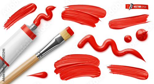 Vector realistic illustration of a red paint tube, paintbrush and brush strokes on a white background.