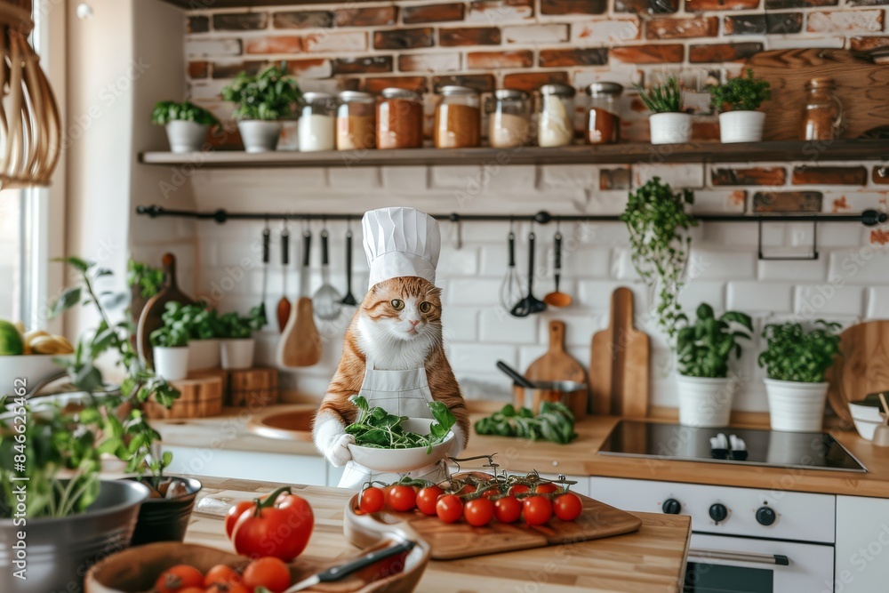 A cat dressed as a chef holds a bowl of leafy greens in a modern kitchen. The cat is standing on a wooden counter with cherry tomatoes nearby A cat dressed as a chef holds a bowl of leafy greens in a modern kitchen. The cat is standing on a wooden counter with cherry tomatoes nearby