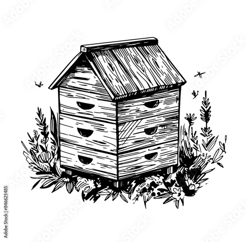 Bee hive, vector sketch illustration, hand drawn, black outline