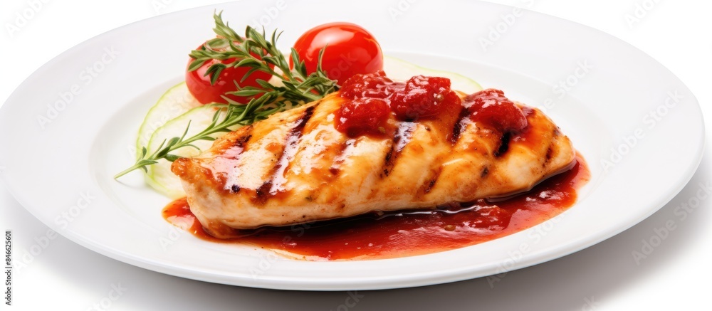 A grilled chicken fillet topped with tomato sauce, set against a white backdrop, creating a captivating copy space image. A grilled chicken fillet topped with tomato sauce, set against a white backdrop, creating a captivating copy space image.