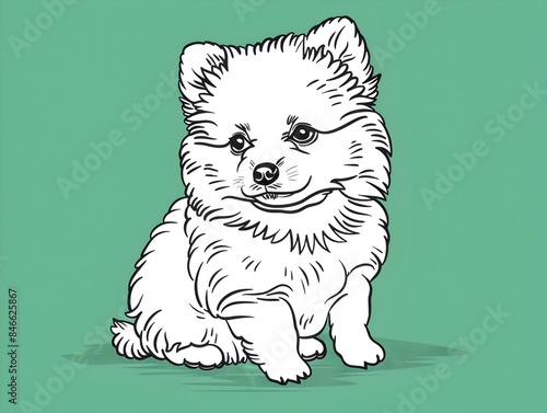 Cute Pomeranian Puppy Sitting on Chartreuse Backdrop with Minimalist Mandala Outline Design photo