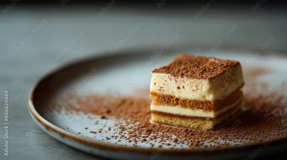 A piece of a dessert on top of some powdered sugar, AI A piece of a dessert on top of some powdered sugar, AI