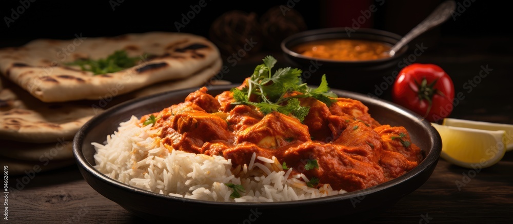 Delicious Indian cuisine featuring a mouth-watering butter chicken curry - with copy space image. Delicious Indian cuisine featuring a mouth-watering butter chicken curry - with copy space image.