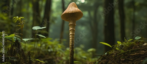 Bamboo mushroom, scientifically named Phallus indusiatus, is found in the forest, showcasing its unique appearance in the natural habitat with a copyspace image. photo