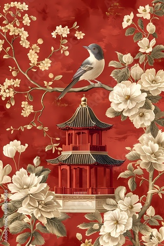 Vintage Chinese chinoiserie botanical watercolor painting drawing of bird and peony flower branch with red color theme wall art, background, wallpaper, wall art