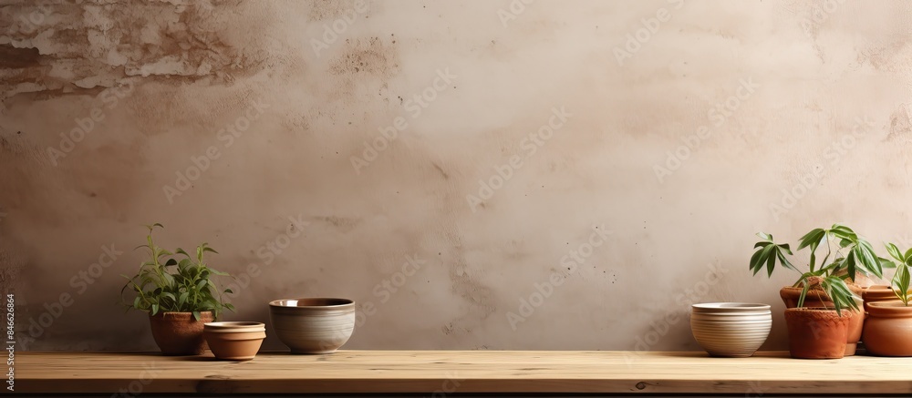 Kitchen interior mock-up featuring an empty podium on a wooden table with a tablecloth against a rustic wall background, ideal for design and product display with copy space image. Kitchen interior mock-up featuring an empty podium on a wooden table with a tablecloth against a rustic wall background, ideal for design and product display with copy space image.