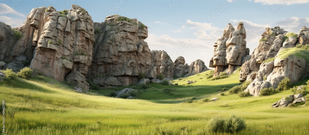 Discover unique geological formations in a sunlit steppe landscape. Explore hidden caves and crevices with scenic beauty. Walk among stunning rock formations with a copy space image. Discover unique geological formations in a sunlit steppe landscape. Explore hidden caves and crevices with scenic beauty. Walk among stunning rock formations with a copy space image.