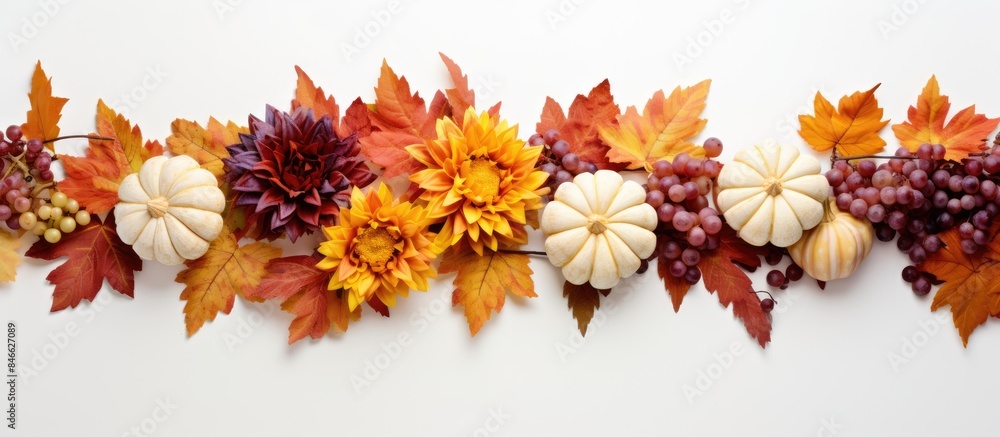Top view of a fall-themed arrangement on a white backdrop with a copy space image. Top view of a fall-themed arrangement on a white backdrop with a copy space image.