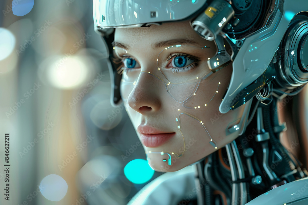 Fototapeta premium Generative AI creative picture Robot cyborg in activities of daily life house duties living together with people