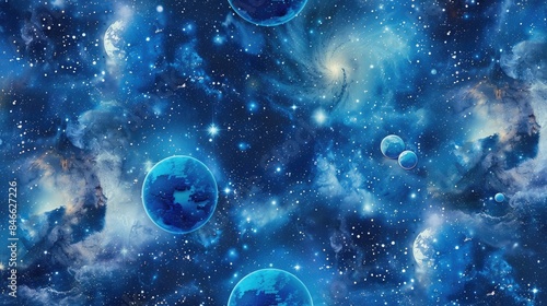 Wallpaper Mural A vibrant cosmic pattern featuring planets and stars in shades of blue creates a seamless and captivating design Torontodigital.ca
