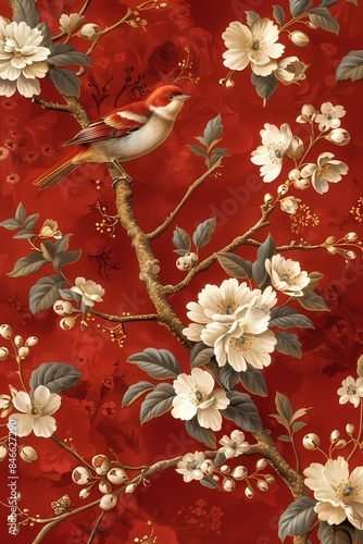 Vintage Chinese chinoiserie botanical watercolor painting drawing of bird and peony flower branch with red color theme wall art, background, wallpaper, wall art