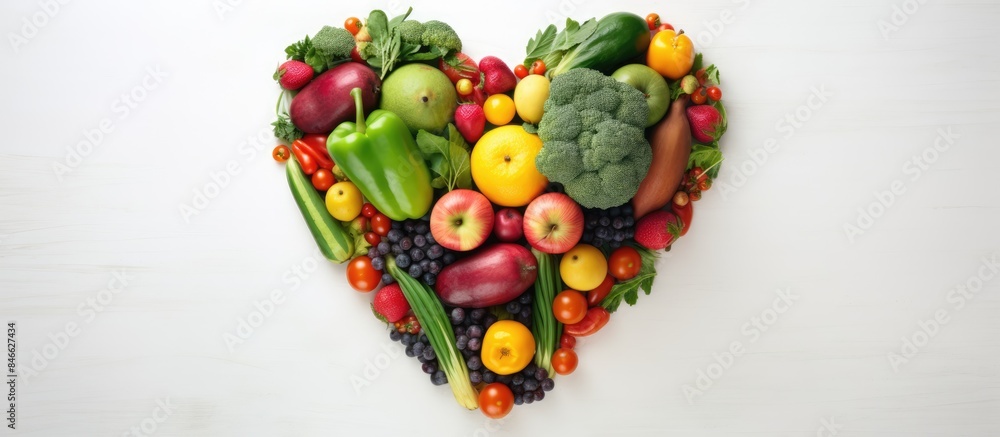 Top view of a vibrant heart made from fruits and veggies held by human hands on a white background, symbolizing love for fresh, plant-based food, with room for text in the image Top view of a vibrant heart made from fruits and veggies held by human hands on a white background, symbolizing love for fresh, plant-based food, with room for text in the image