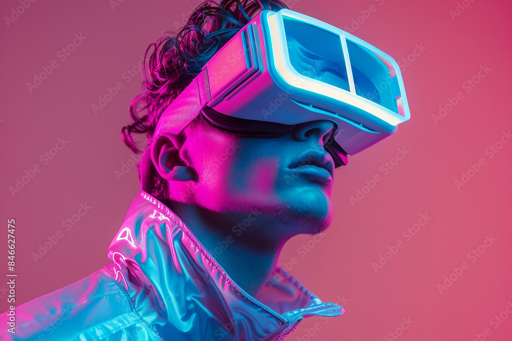 Person in vr virtual reality goggles visiting metaverse gaming world tech addicted, Generative AI Person in vr virtual reality goggles visiting metaverse gaming world tech addicted, Generative AI