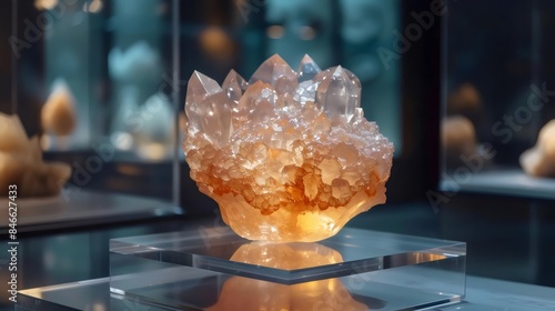 A large crystal is sitting on a glass display