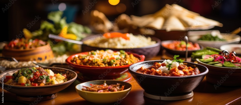 Peruvian cuisine traditional dishes are beautifully displayed on a buffet lunch table with an appealing copy space image.