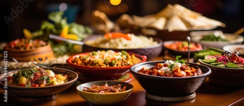 Obraz na płótnie Peruvian cuisine traditional dishes are beautifully displayed on a buffet lunch table with an appealing copy space image. w salonie