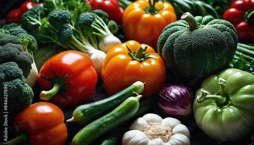 An appetizing collection of fresh vegetables with tomatoes, cucumbers, bell peppers, cauliflower, and cabbage, illustrating the beauty and variety of nutritious garden harvests An appetizing collection of fresh vegetables with tomatoes, cucumbers, bell peppers, cauliflower, and cabbage, illustrating the beauty and variety of nutritious garden harvests
