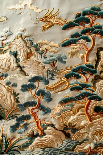 Vintage Chinese chinoiserie landscape embroidery of a dragon flying over a suzhou garden with gold and green color theme fabric silk wall art, background, wallpaper, wall art