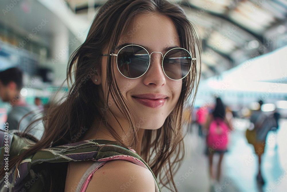 Generative AI composition image of traveling concept young person woman man at airport bus railway station Generative AI composition image of traveling concept young person woman man at airport bus railway station