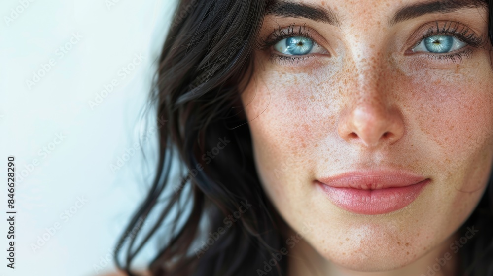 Fototapeta premium A woman with freckles and blue eyes looking at the camera, AI