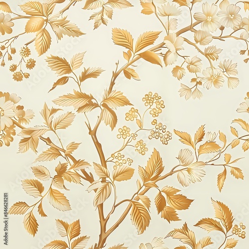 Vintage Chinese chinoiserie botanical watercolor painting drawing of bird and flower branch with gold and beige color theme wall art, background, wallpaper, wall art