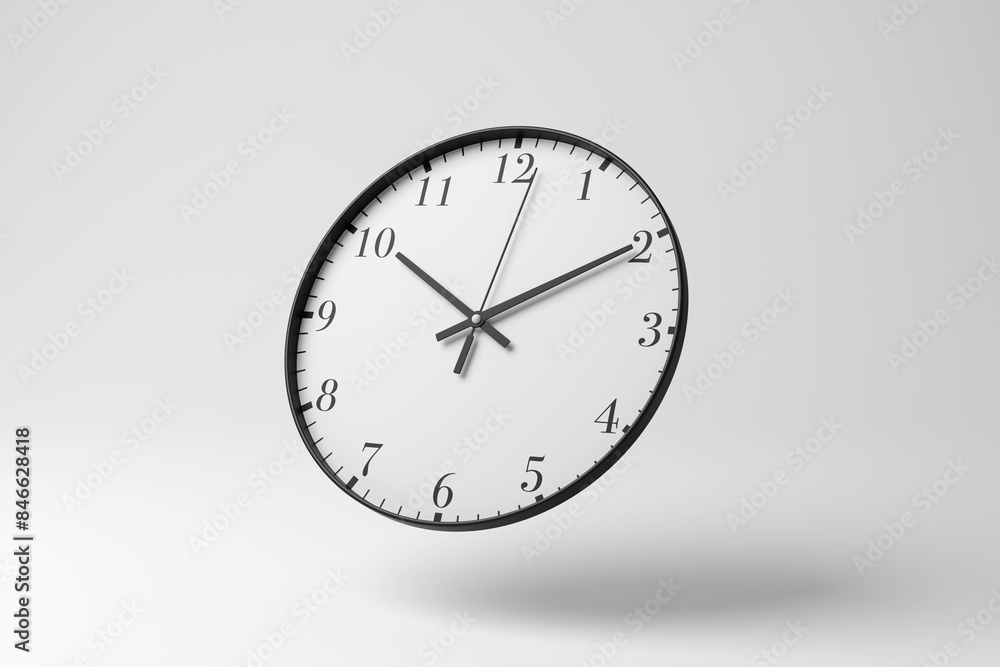 Wall clock with a white face and black frame floating in mid air on white background in monochrome and minimalism. Illustration of the concept of scientific definition of time and business schedules Wall clock with a white face and black frame floating in mid air on white background in monochrome and minimalism. Illustration of the concept of scientific definition of time and business schedules