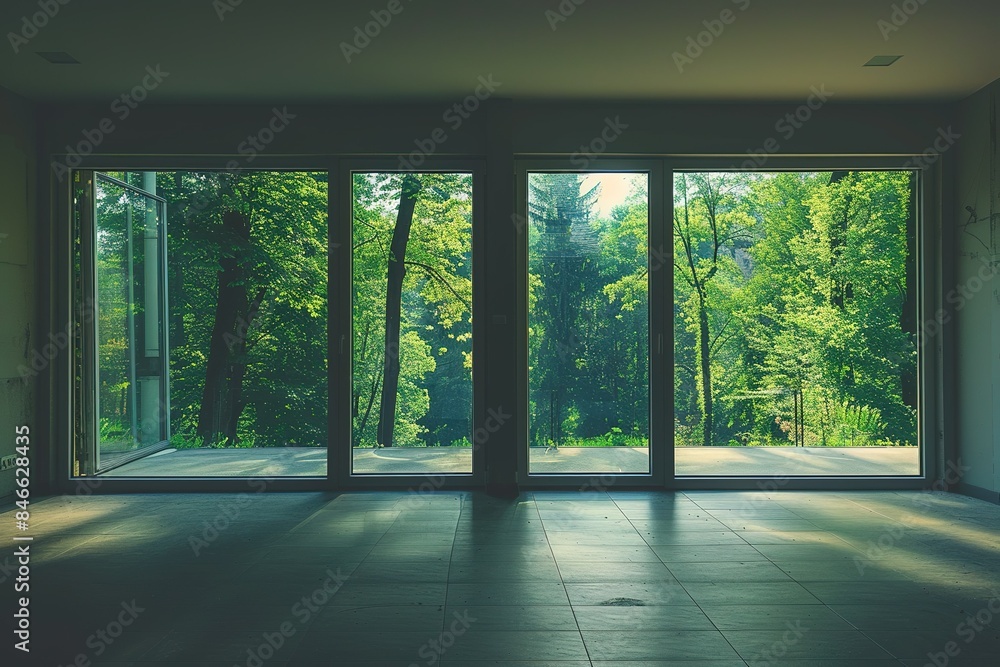 Empty room, large windows overlooking nature. Nobody inside Empty room, large windows overlooking nature. Nobody inside