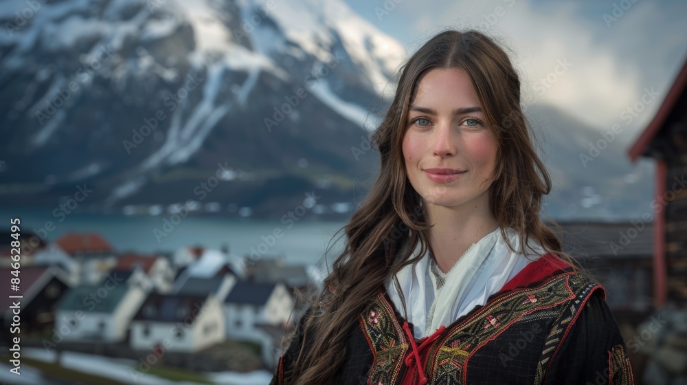 A woman in traditional clothing standing next to a mountain range, AI