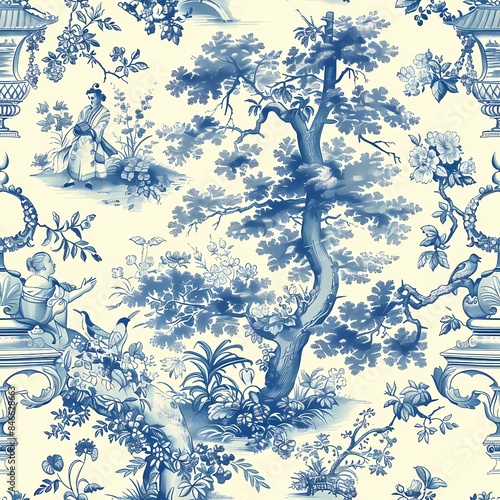 Vintage Chinese chinoiserie botanical watercolor painting drawing of bird and flower branch with blue and white color theme wall art, background, wallpaper, wall art