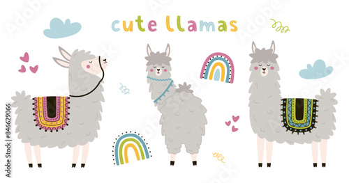Cute alpacas and colorful graphic elements. A funny llamas collection for design.