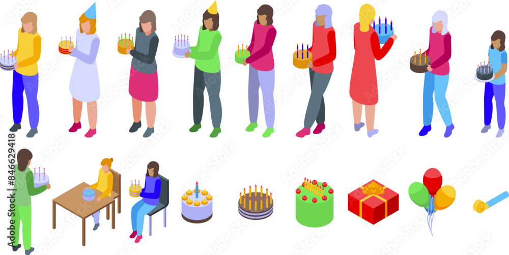 Woman blow candles icons set. People celebrating birthday party holding cake gift box balloon decoration icons set isometric 3d Woman blow candles icons set. People celebrating birthday party holding cake gift box balloon decoration icons set isometric 3d