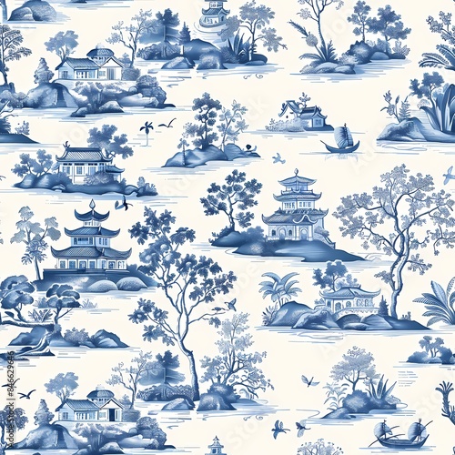 Vintage Chinese chinoiserie botanical watercolor painting drawing of castle and garden with blue and white color theme wall art, background, wallpaper, wall art