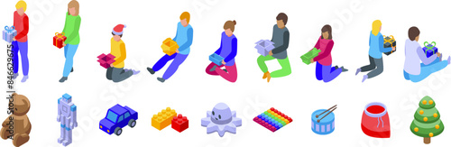 Children opening gifts icons set. People are unpacking or holding gift boxes, children playing with toys, christmas holiday season concept, isometric icons set