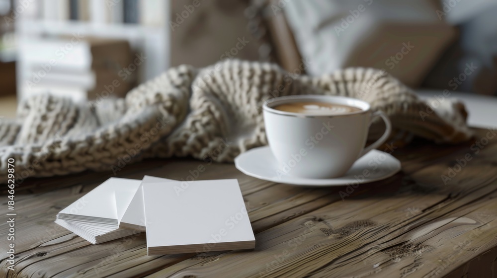 Fototapeta premium Cozy Home Office Rustic Table Blank Business Cards Coffee and Blanket