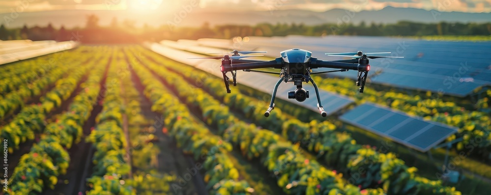 Aerial view of a smart farm with drones monitoring crops, solar panels in the background, vibrant greens, Digital, Futuristic