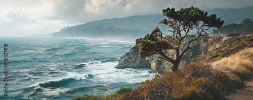Scenic coastal drive with cliffs and crashing waves, summer road trip, 4K hyperrealistic photo.