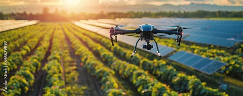 Aerial view of a smart farm with drones monitoring crops, solar panels in the background, vibrant greens, Digital, Futuristic