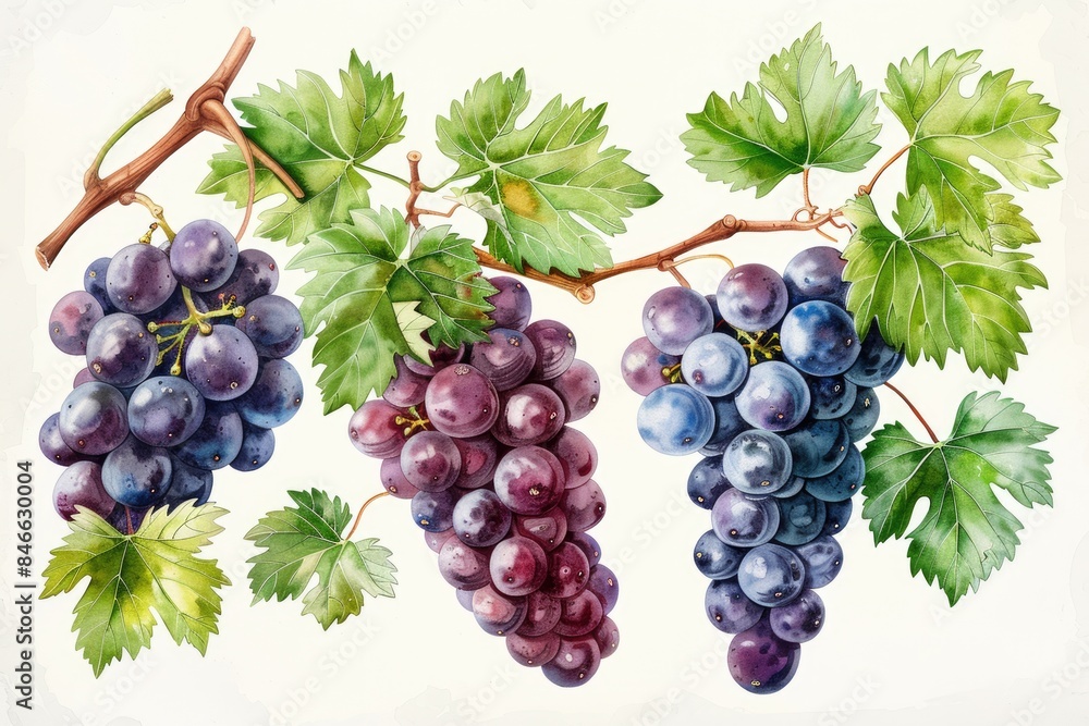 Fototapeta premium A string of purple grape illustrations on a white background