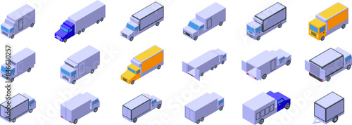 Car refrigerator icons set. Delivery truck set with different types of cargo transportation delivering goods around city