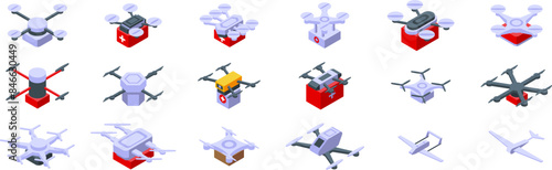 Drone medical icons set. Delivery drones carrying packages and providing medical first aid with isometric illustration style
