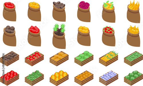 Sack fruit icons set. Fresh fruits and vegetables are overflowing from wooden crates and burlap sacks at a farmers market